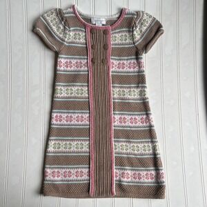 Savannah Girls Fair Isle Floral Sweater Dress Tan Pink Green 4T Short Sleeve